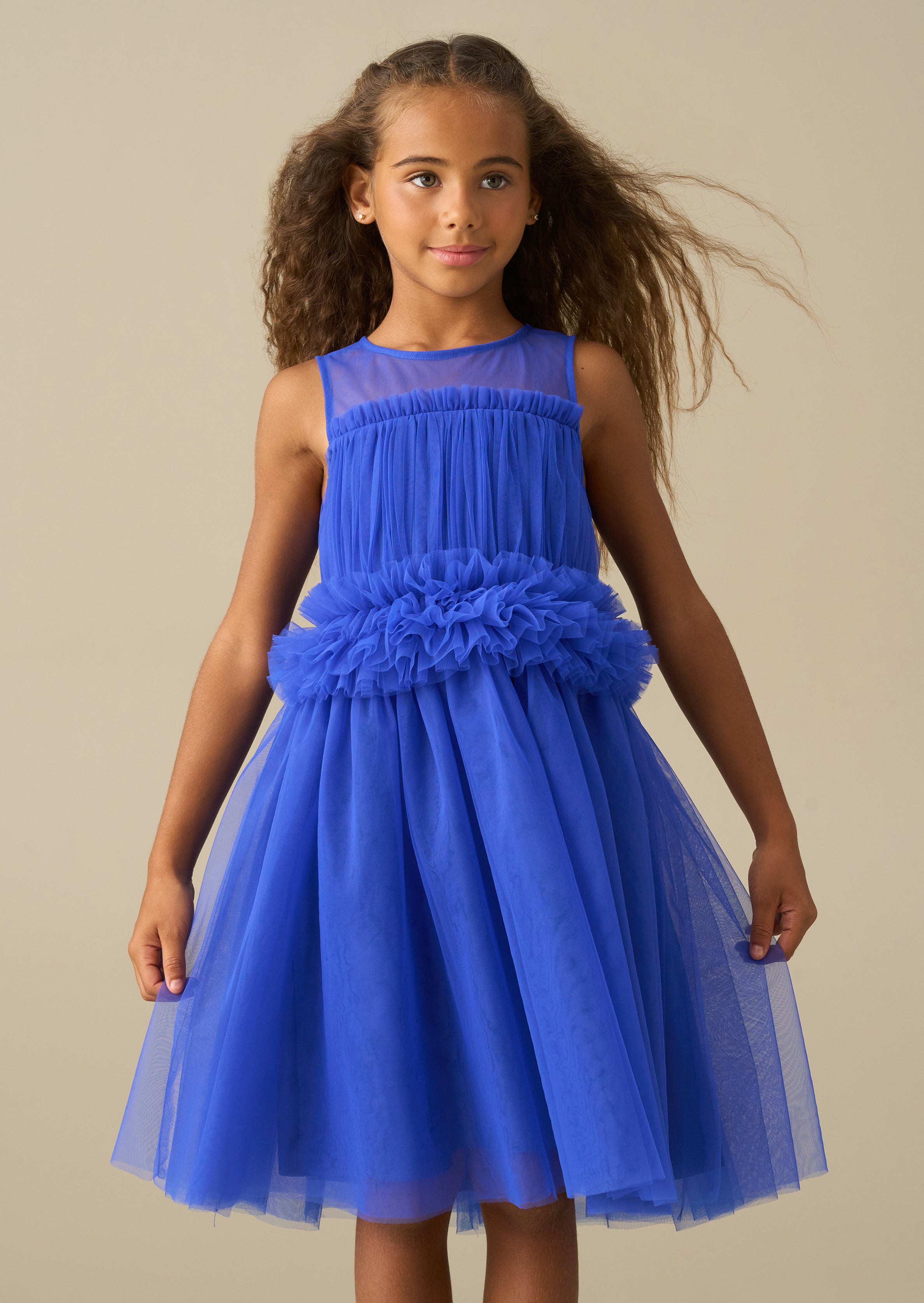 Abito in mesh blu Kaitlyn con volant in vita
