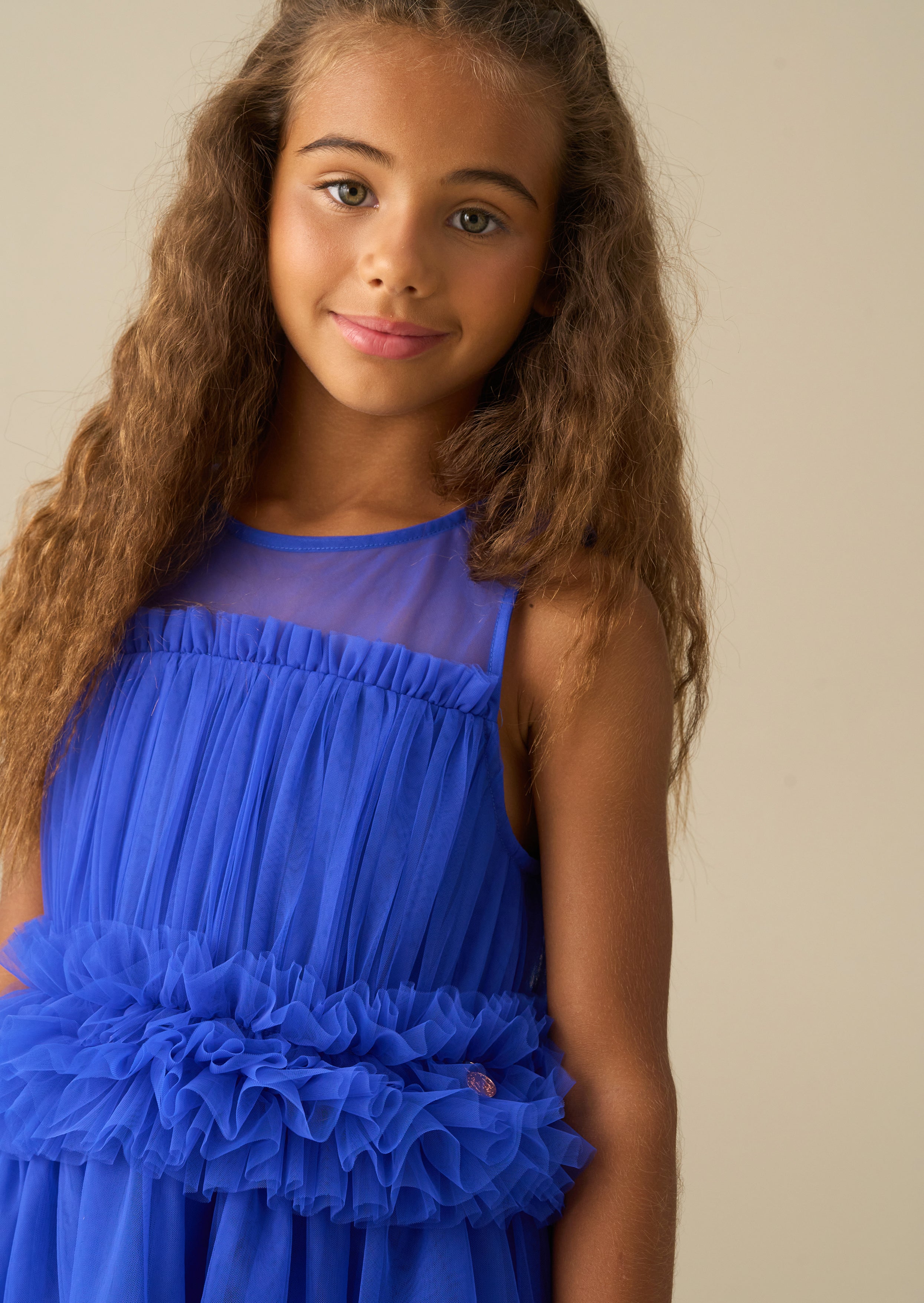 Abito in mesh blu Kaitlyn con volant in vita