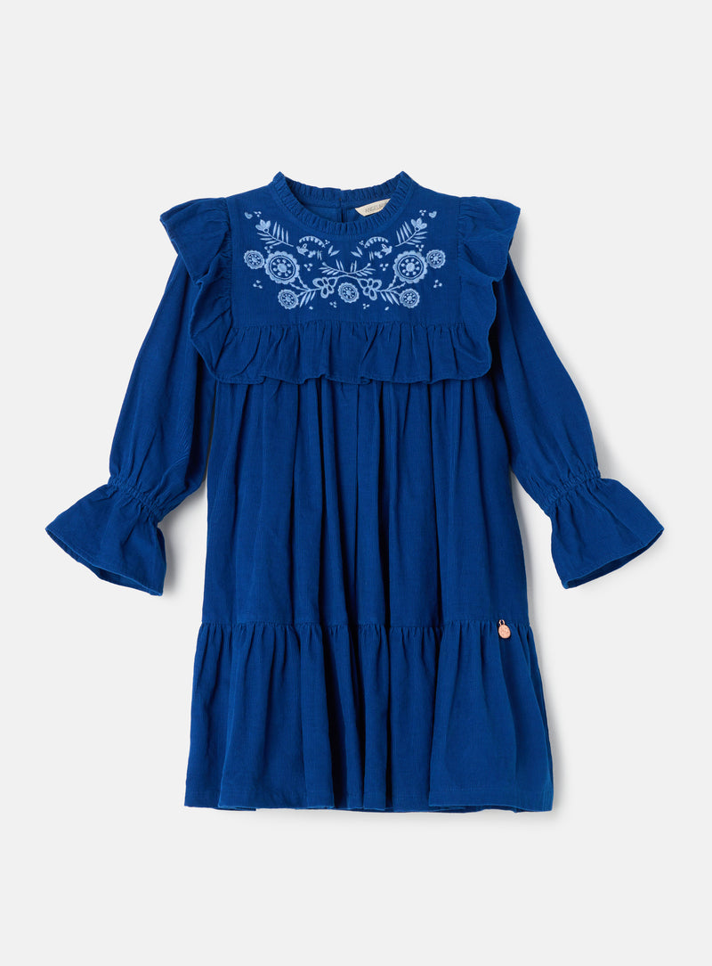 Theodora Blue Cord Embroidered Dress