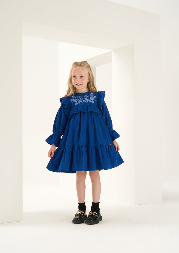 Theodora Blue Cord Embroidered Dress