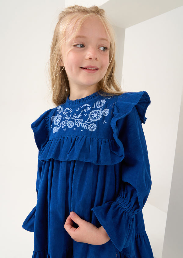 Theodora Blue Cord Embroidered Dress