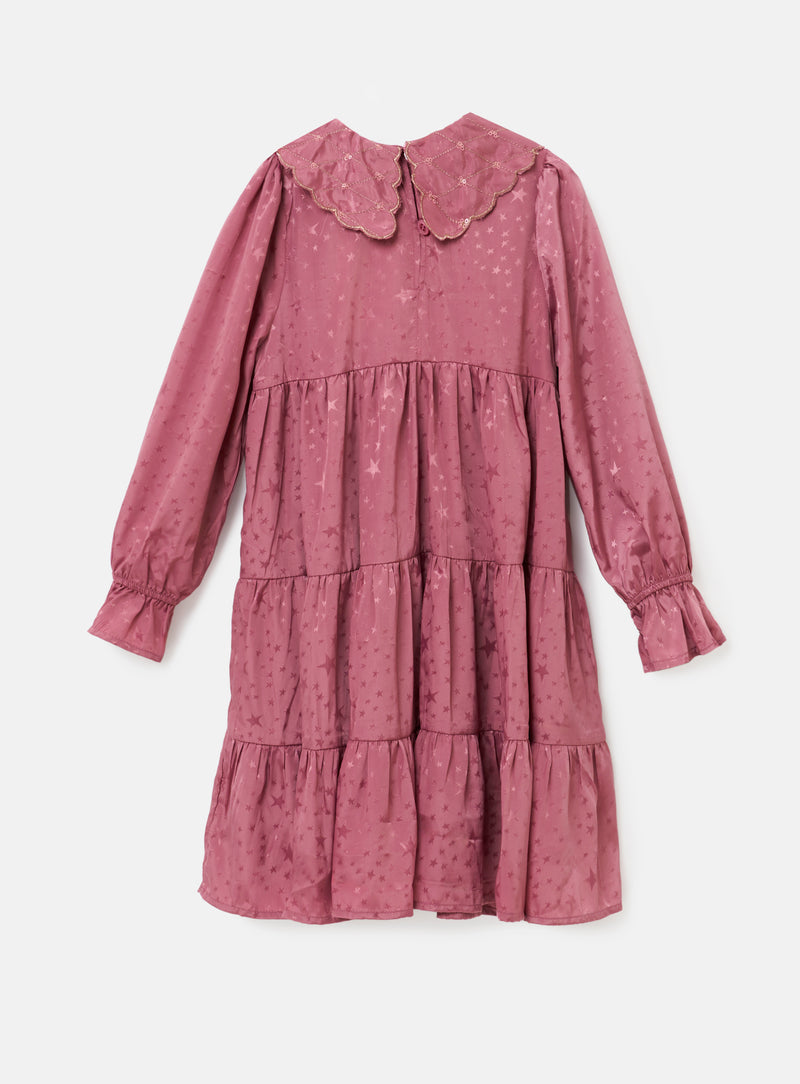 Sophia Pink Jacquard Star Satin Collar Dress