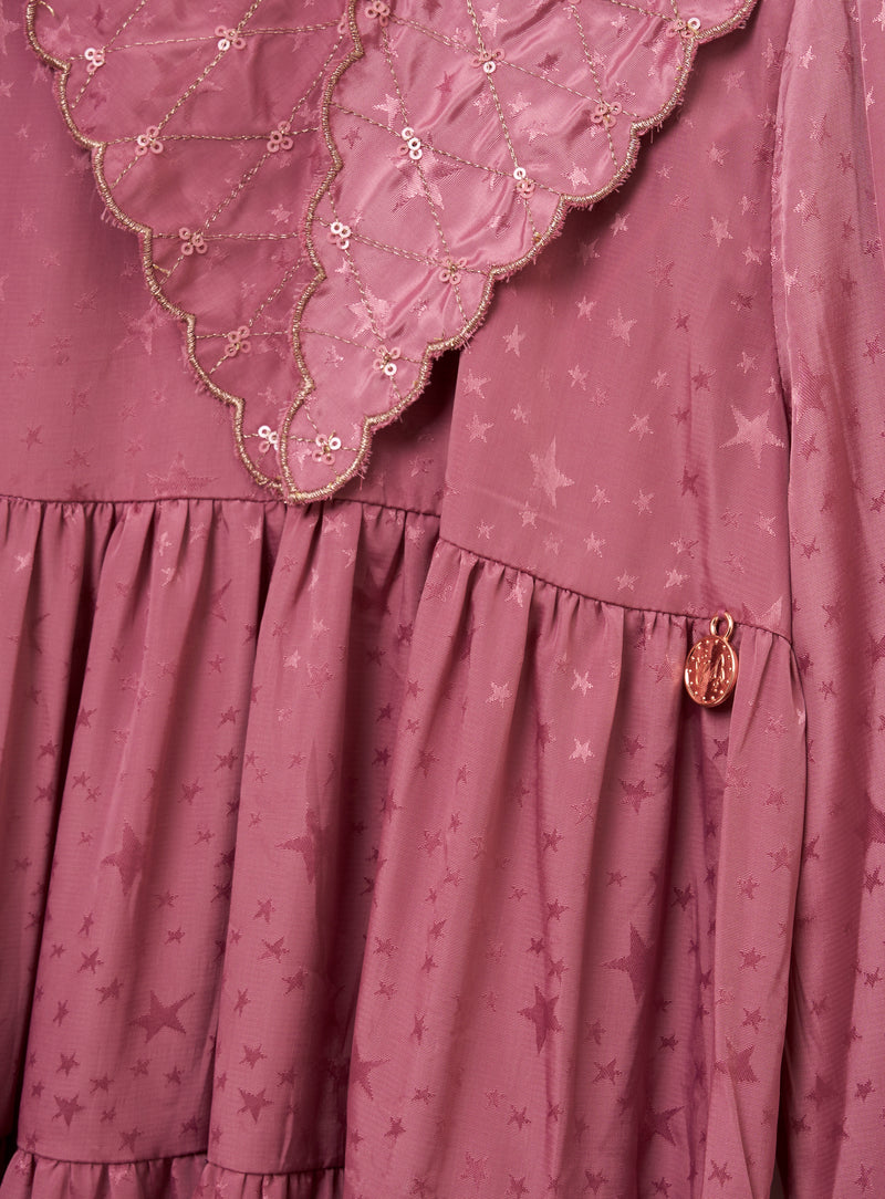 Sophia Pink Jacquard Star Satin Collar Dress