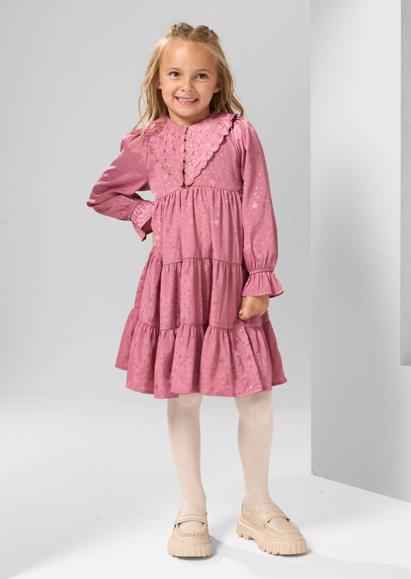 Sophia Pink Jacquard Star Satin Collar Dress