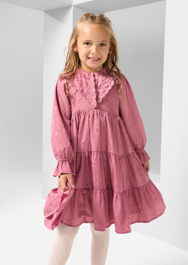 Sophia Pink Jacquard Star Satin Collar Dress