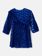 فستان Elsie مخملي مزين بالترتر وكشكش باللون الأزرق