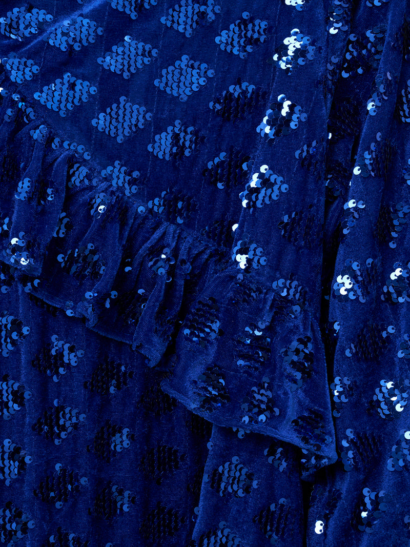 فستان Elsie مخملي مزين بالترتر وكشكش باللون الأزرق