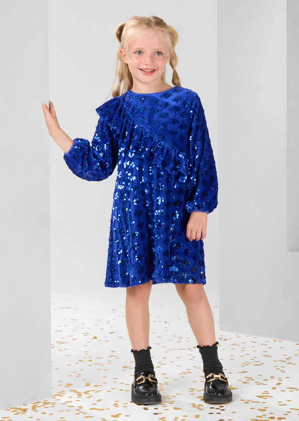 Elsie Velvet Sequin Ruffle Blue Dress