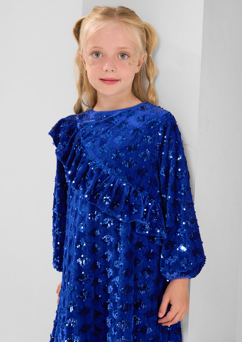 Elsie Velvet Sequin Ruffle Blue Dress