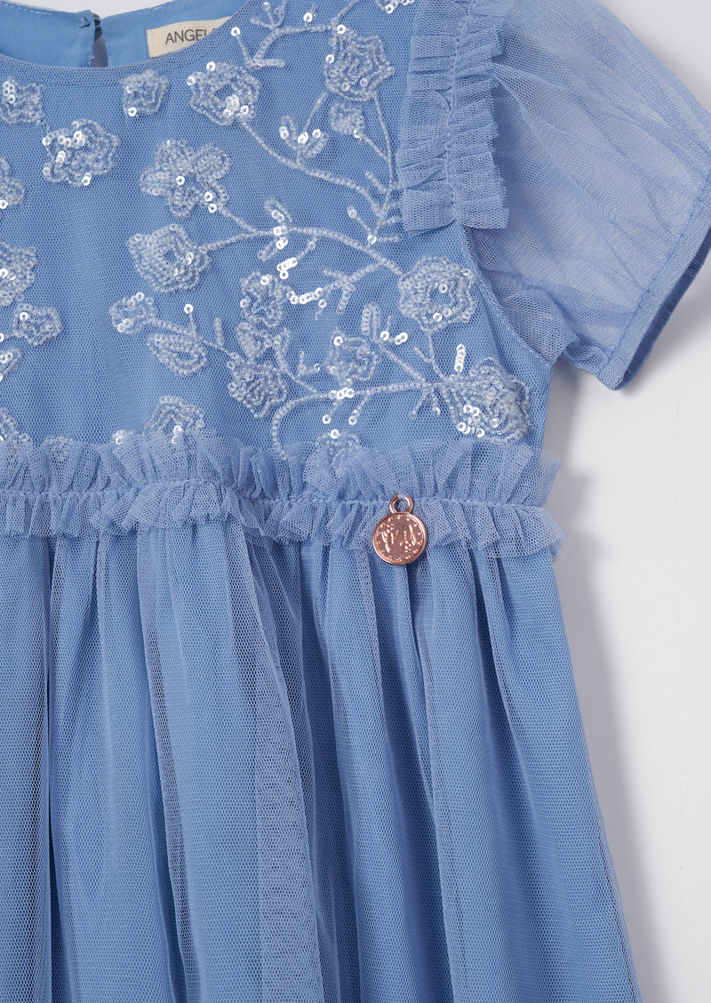 Luisa Blue Embroidered Yolk Mesh Dress