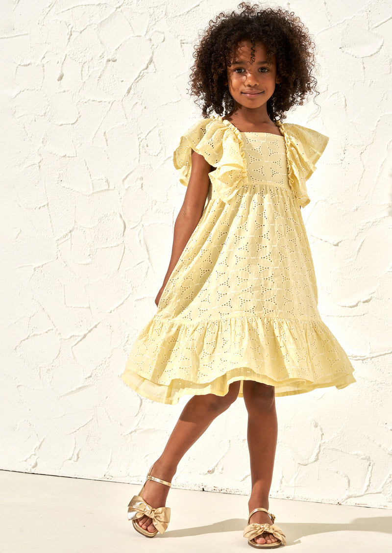 فستان سارة بتفصيل البروديري باللون الليموني