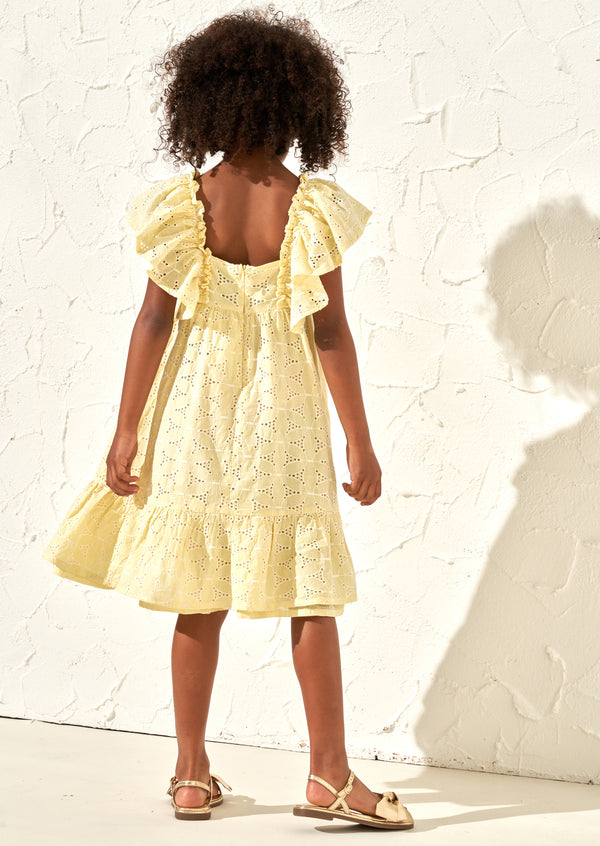 فستان سارة بتفصيل البروديري باللون الليموني