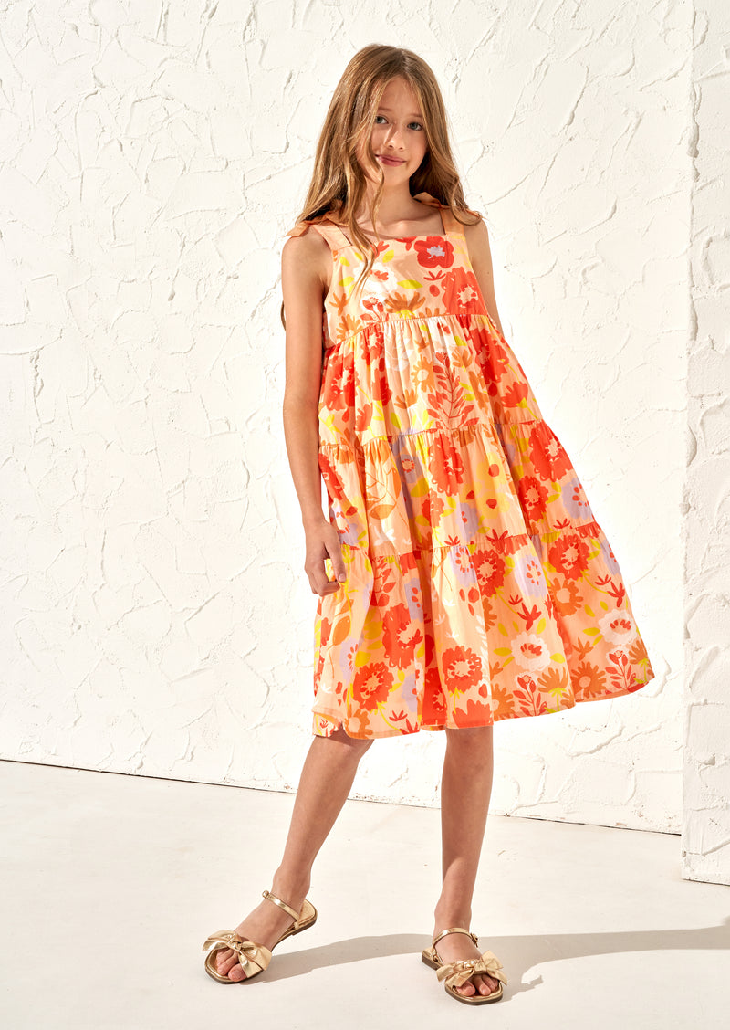 Julieta Orange Ribbon Strap Print Dress