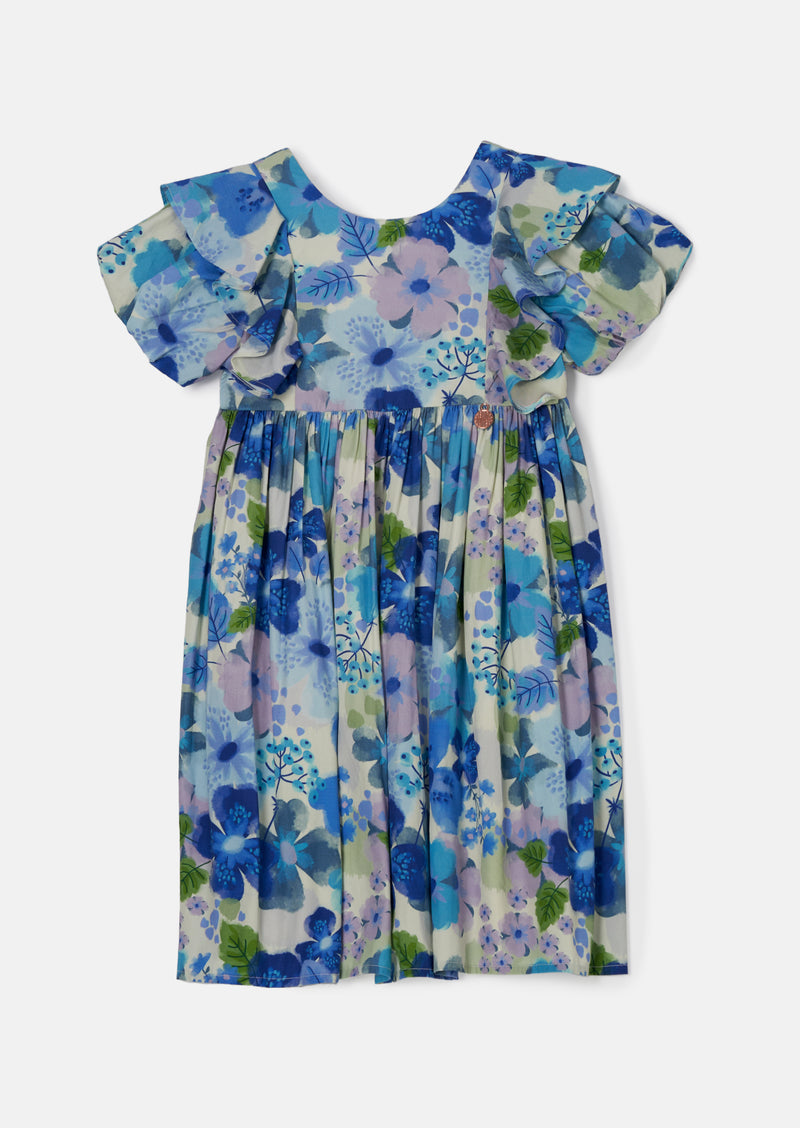 Celia Blue Floral Print Puff Sleeve Dress