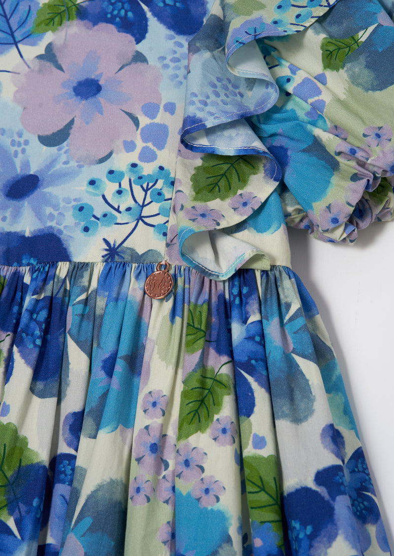 فستان سيليا بتصميم الزهور الزرقاء وأكمام بوف