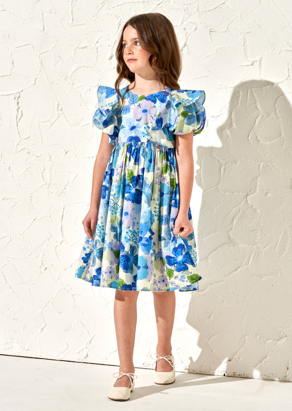 Celia Blue Floral Print Puff Sleeve Dress