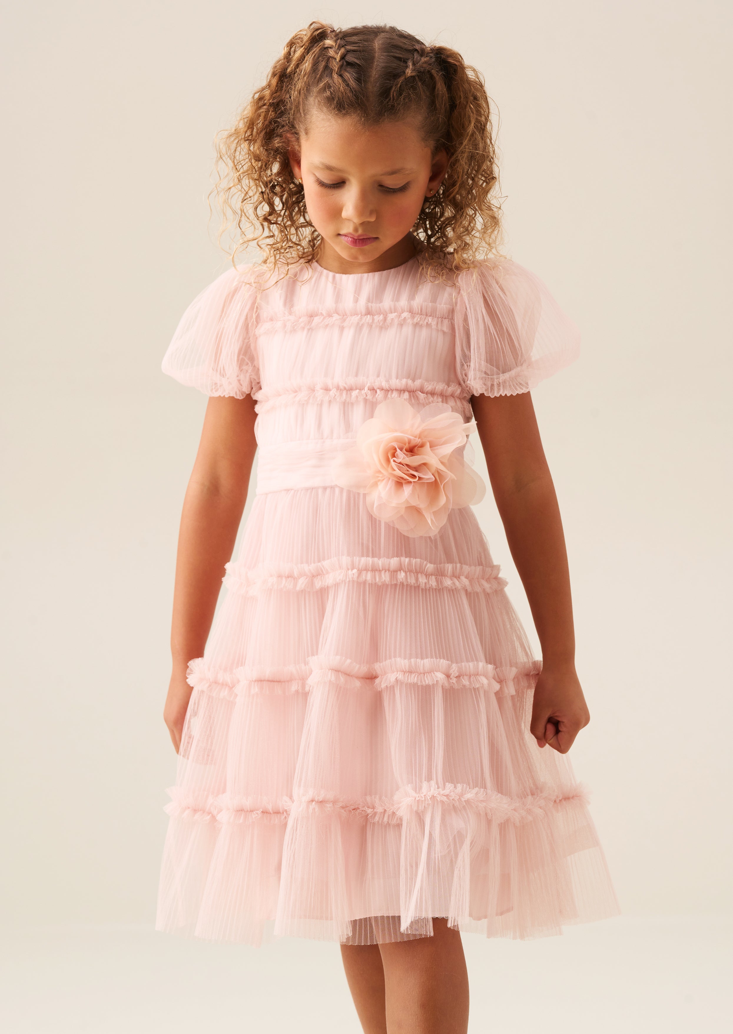 Vestido Corsage de Malla Plisada Rosa Clara