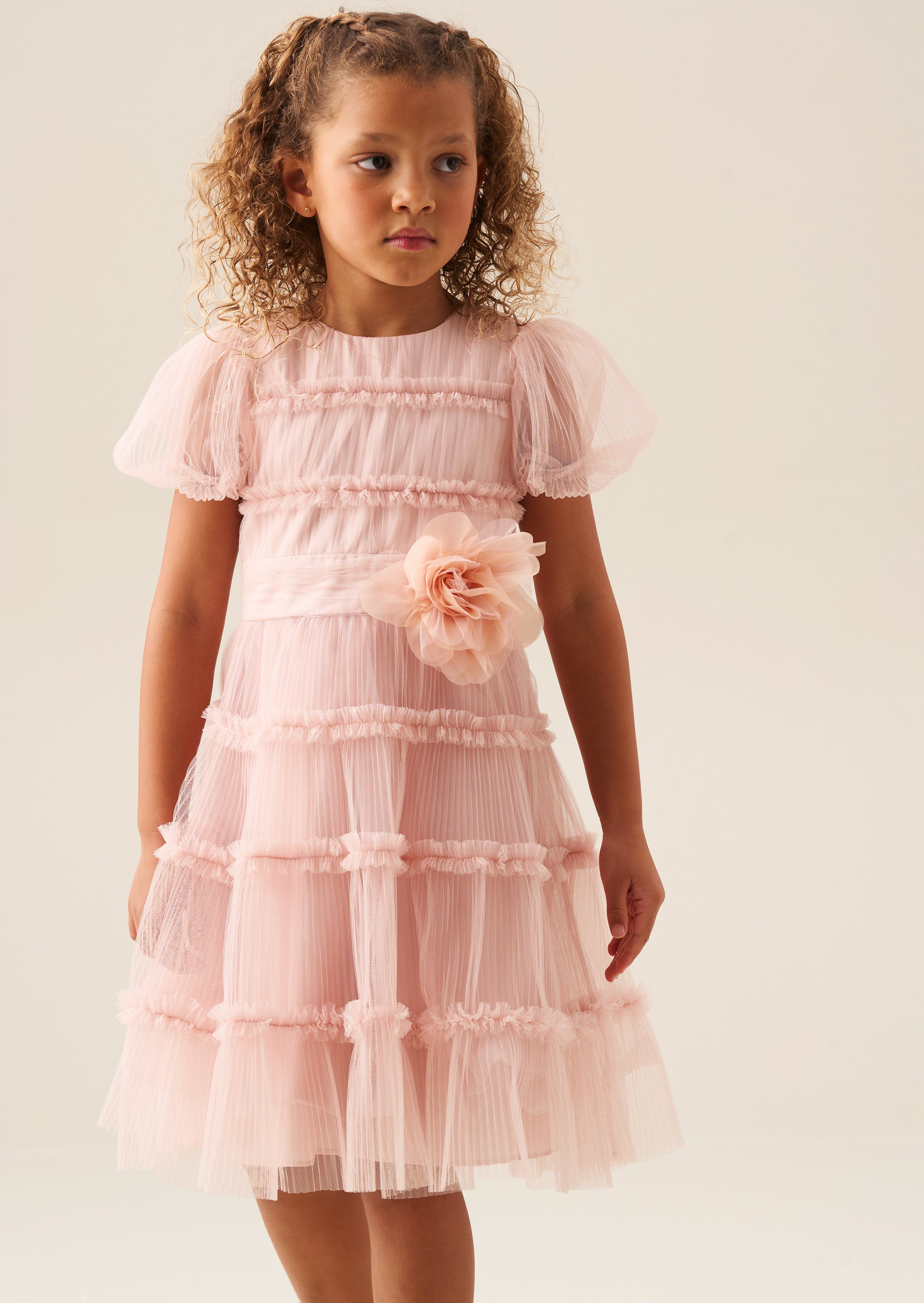 Vestido Corsage de Malla Plisada Rosa Clara