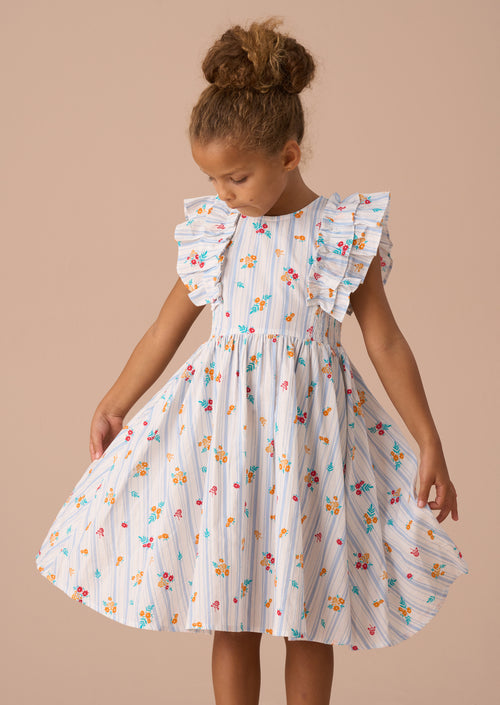 Robe bleue Francesca à panneaux froncés
