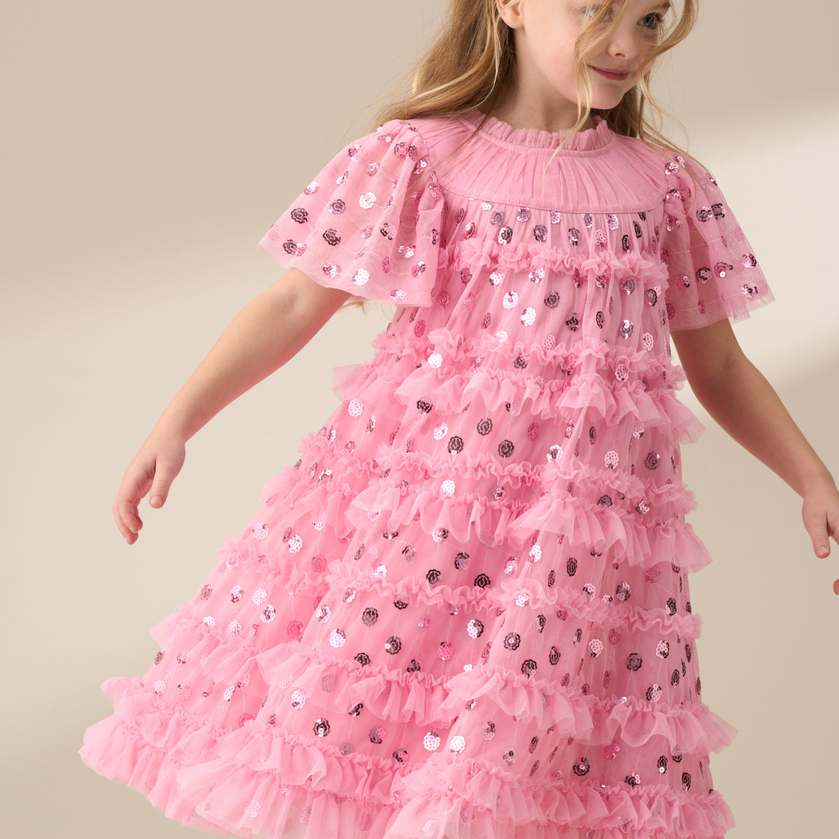Girls Pink Mesh Sequin Party Dress