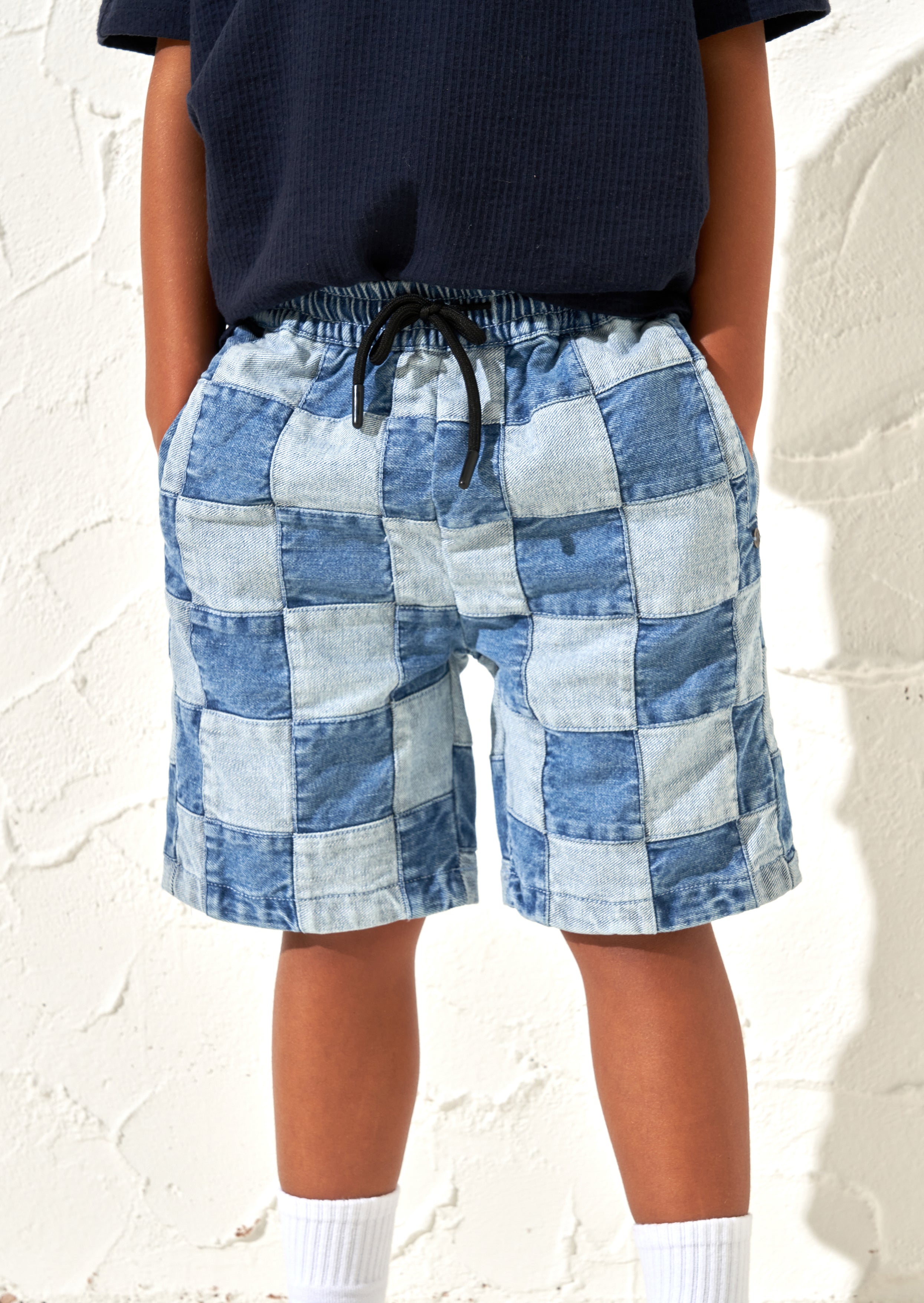 Neil Patchwork Washed Denim Shorts