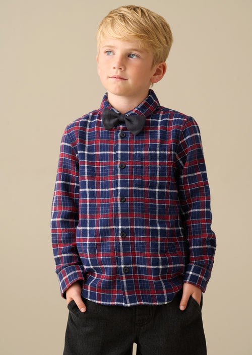 Abel Navy Brushed Check Shirt With Bow Tie