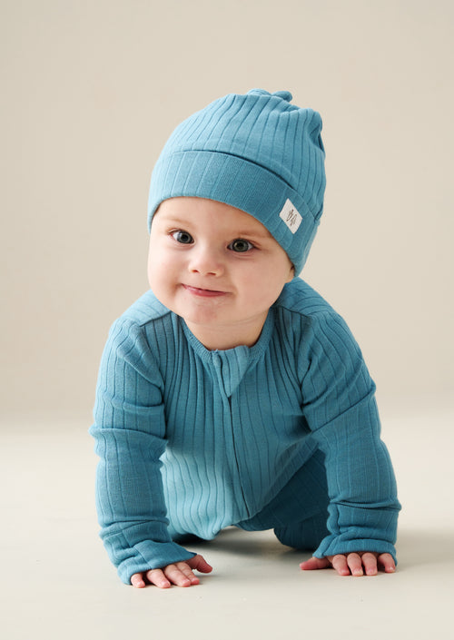 Remy Blue Organic Cotton Babygrow with Hat