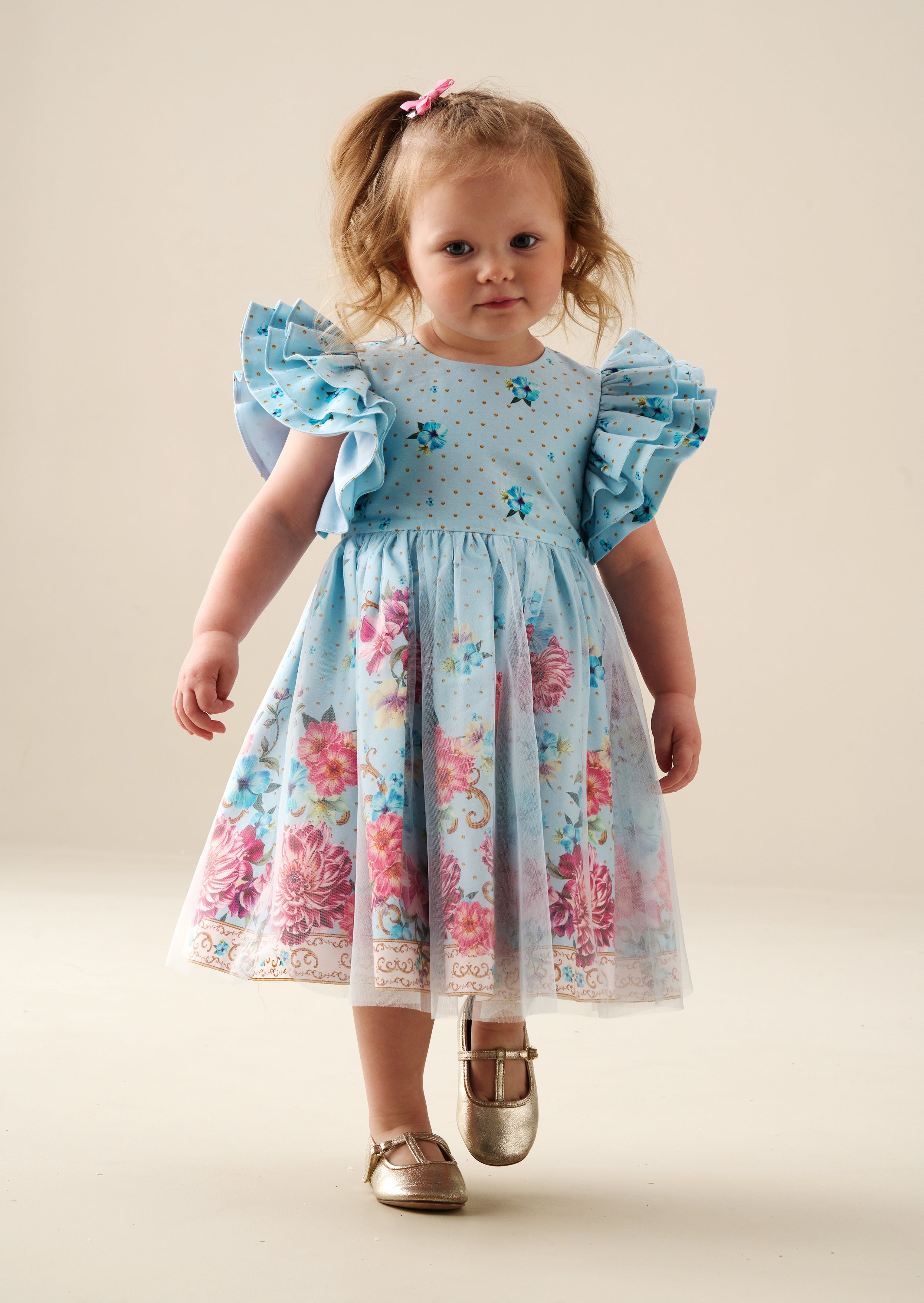 Izzy Printed Tulle Ruffle Sleeve Dress