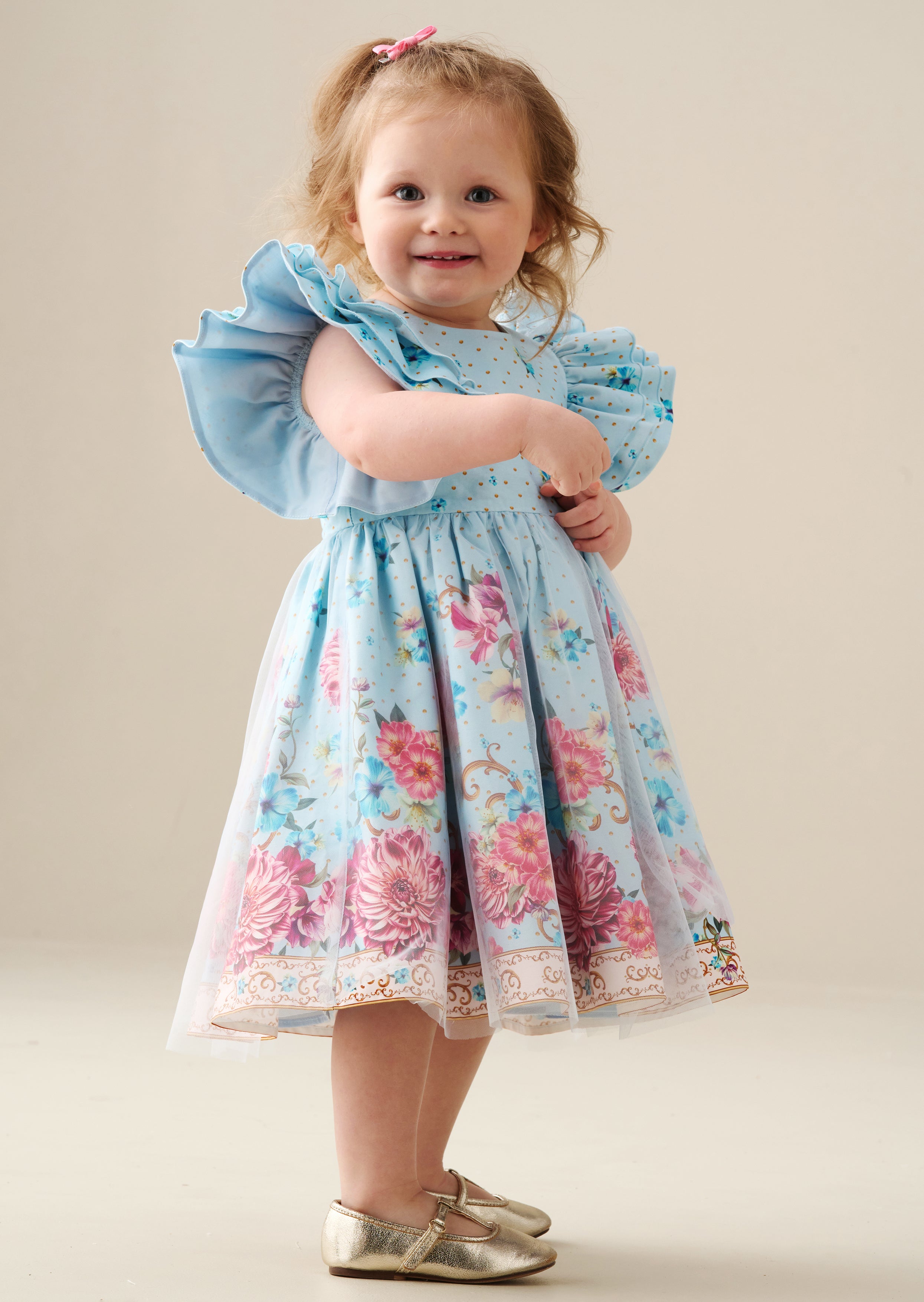 Izzy Printed Tulle Ruffle Sleeve Dress