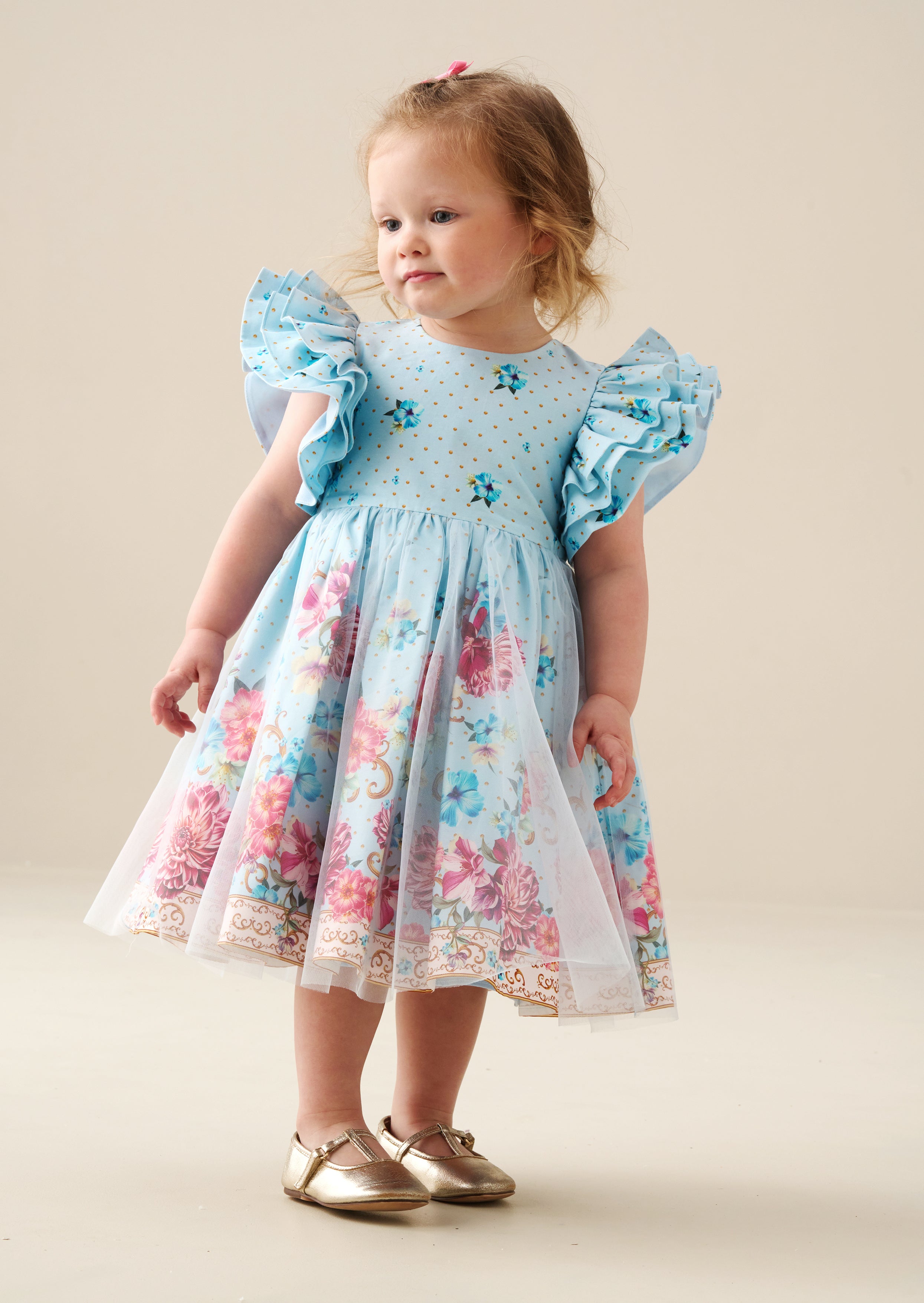 Izzy Printed Tulle Ruffle Sleeve Dress