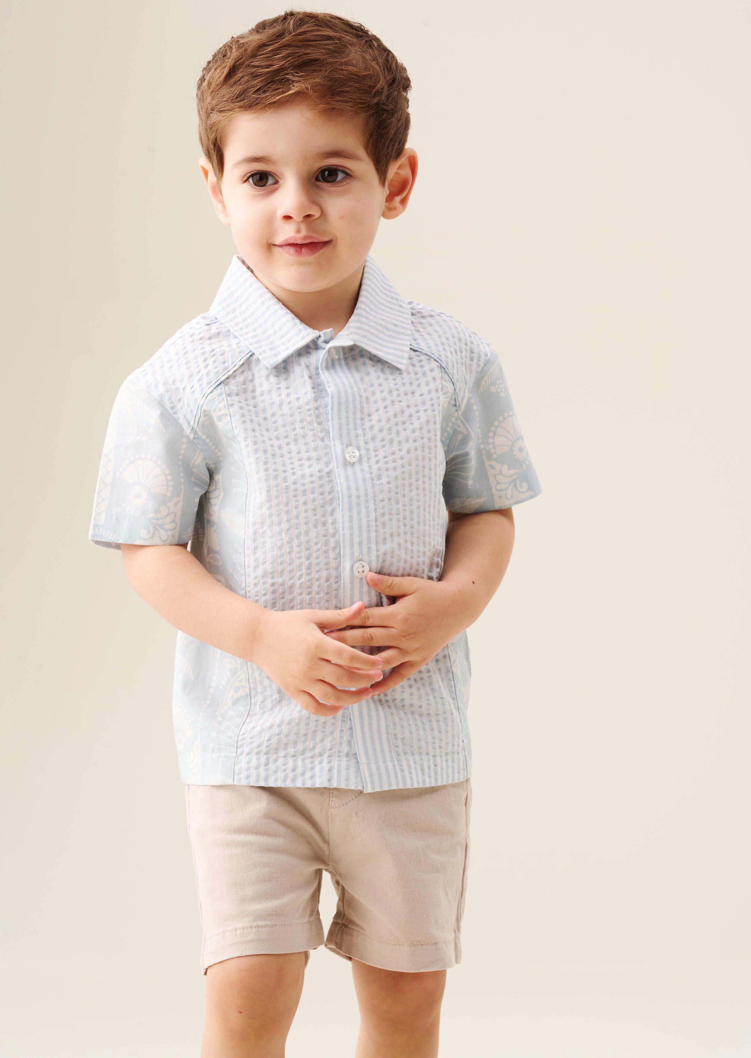 Camisa Regan de rayas con palmas cosida a mano