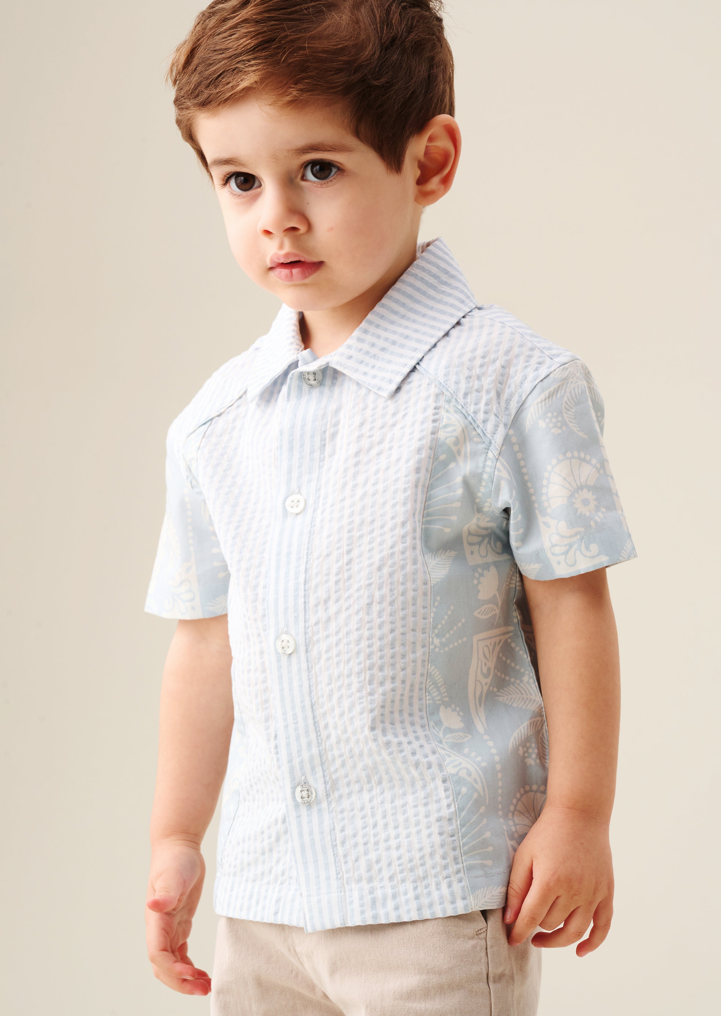 Camisa Regan de rayas con palmas cosida a mano