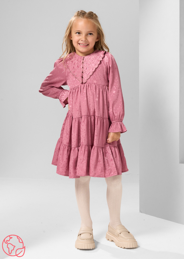 Sophia Pink Jacquard Star Satin Collar Dress