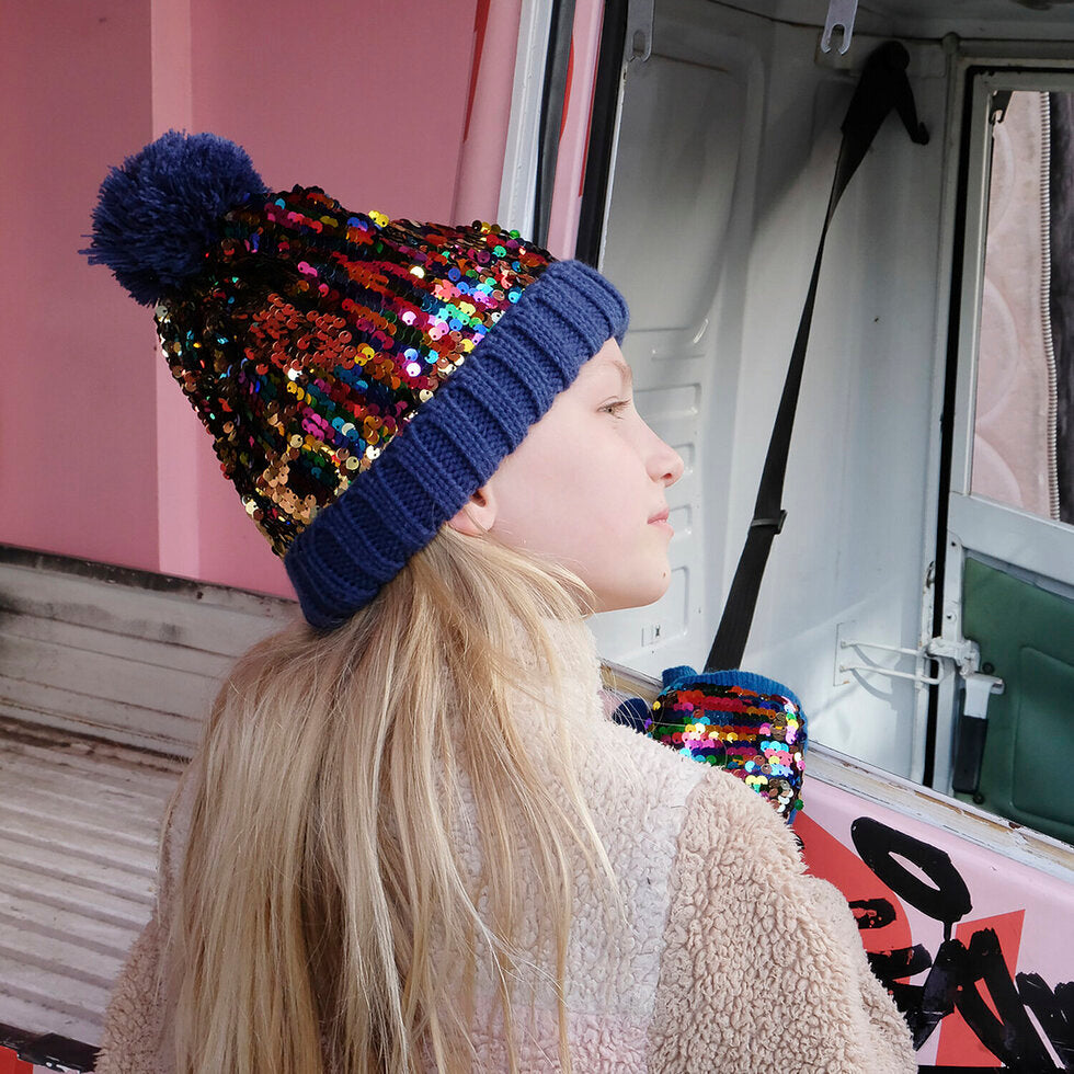 Rainbow Sequin Knitted Hat 7-10 Years