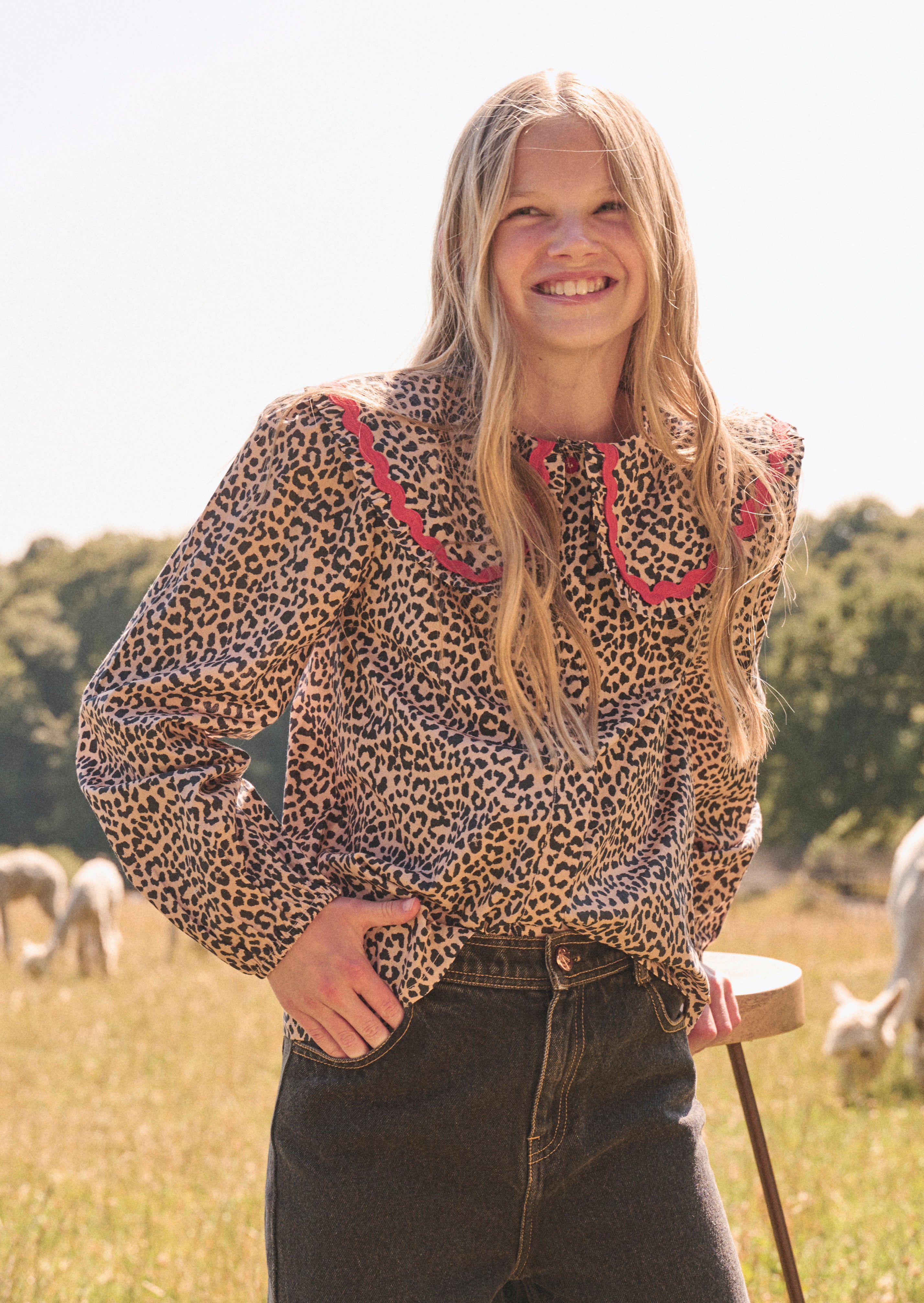 Elle Leoparden Volantkragen Bluse
