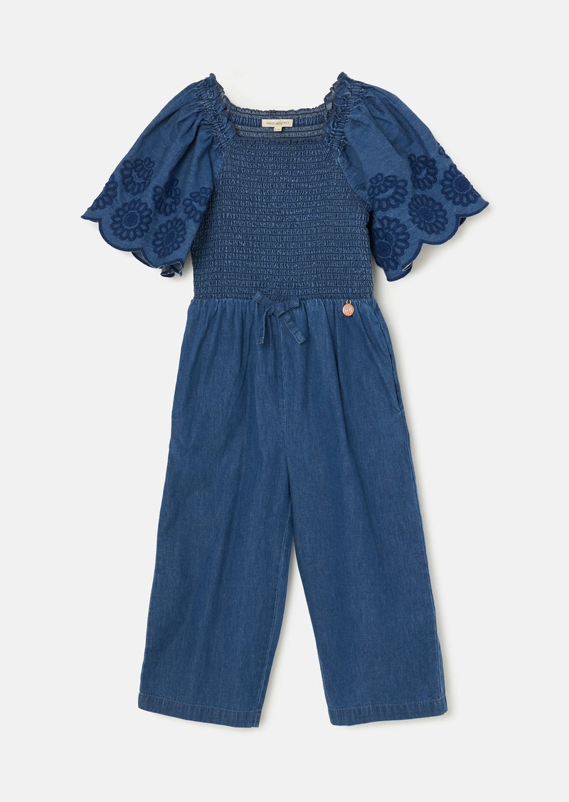 Savanah Broderie Sleeve Shirred Denim Jumpsuit