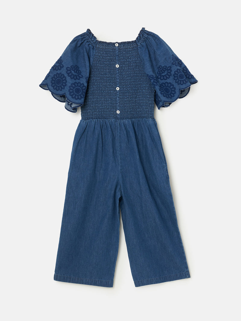Savanah Broderie Sleeve Shirred Denim Jumpsuit