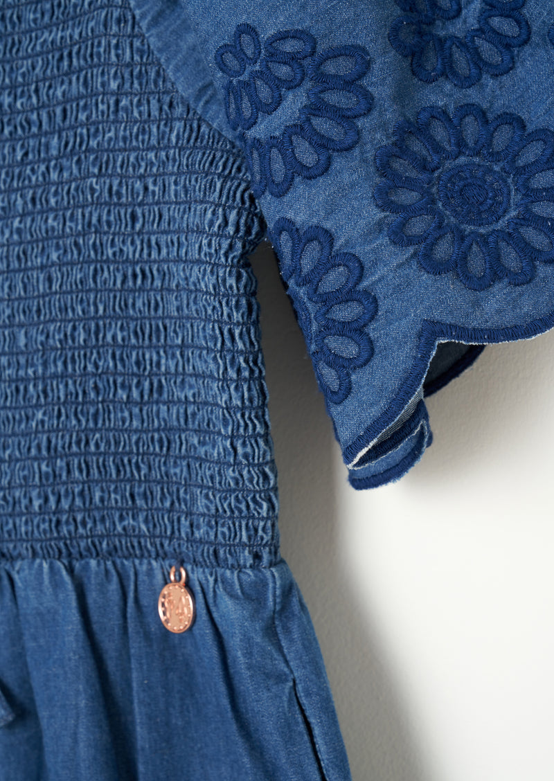 Savanah Broderie Sleeve Shirred Denim Jumpsuit